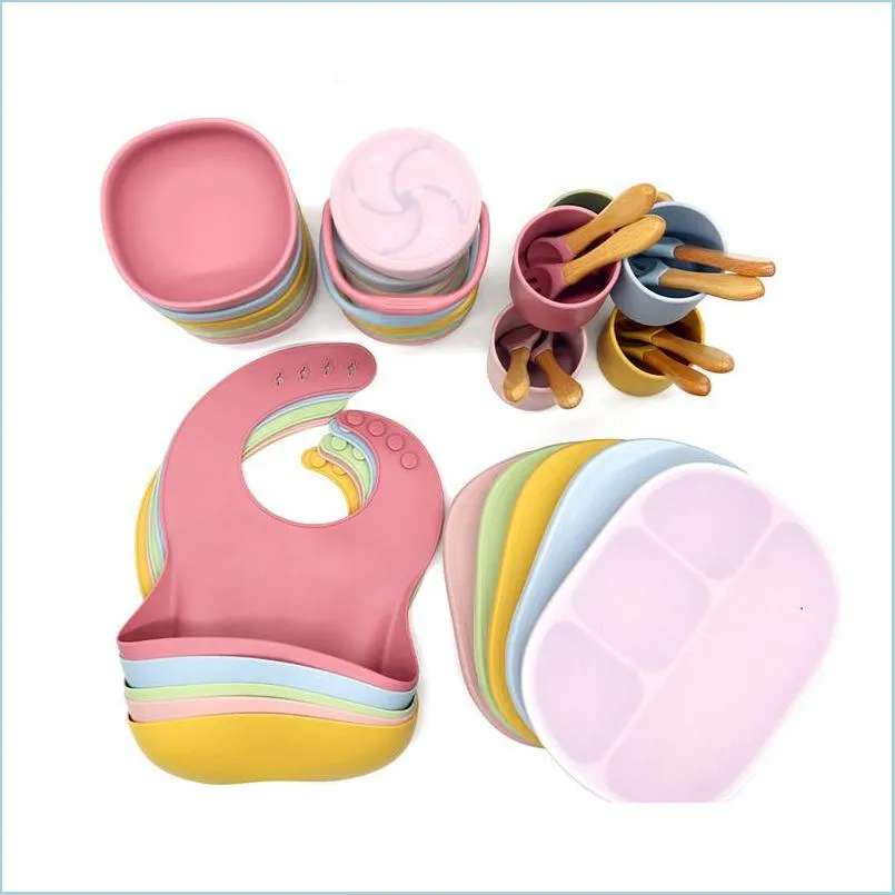 baby silicone bib divided dinner plate suction bowl spoon fork cup set training feeding food utensil dishes tableware kit