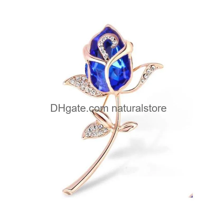 18k gold plated rose flower crystal brooches rhinestone decorative dress jewelry brooch for women hat bag scarf accessories wholesale