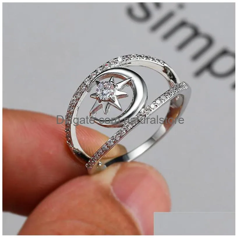wedding rings minimalist female white crystal stone ring classic silver color thin engagement for women vintage star moon