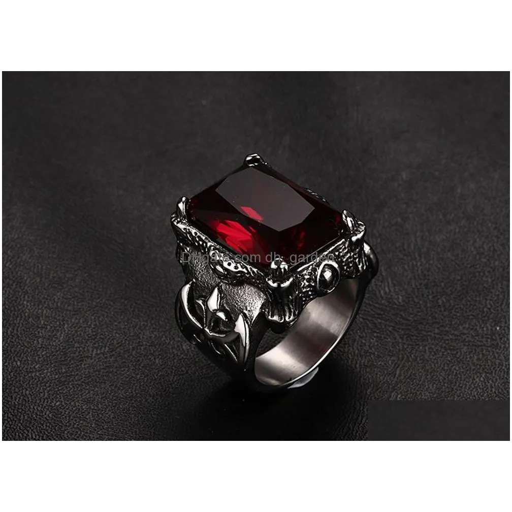 cluster rings gothic vintage ruby gemstones red zircon diamonds for men titanium stainless steel jewelry bijoux bague punk fashion