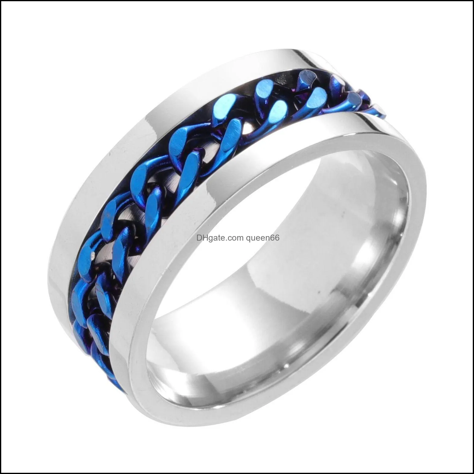 wholesale 40pcs spin chain stainless steel rings silver black gold blue mix men fashion wedding band party gifts jewelry