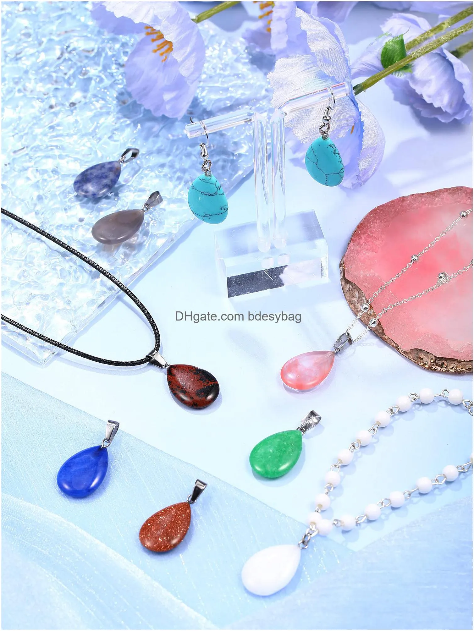 teardrop gemstone pendant stone natural crystal quartz stone charms chakra necklace with 50 faux leather cords for women girls jewelry making