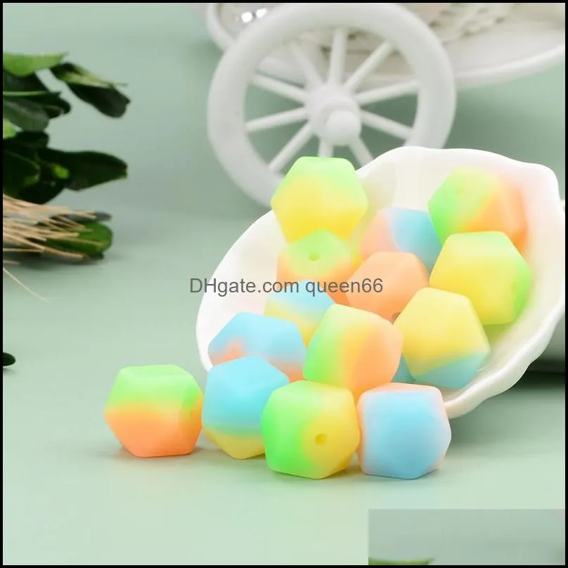 double color mixed luminous silicone beads hexagonal octagons baby teething beads 14mm food grade loose bead glow in the dark for jewelry