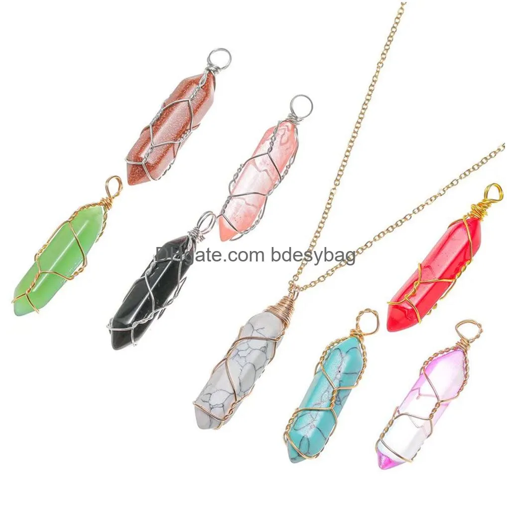 yeyulin bullet shape gemstone pendant hexagonal chakra crystal pointed quartz pendants artificial stone with tree wire wrapped necklace charms jewelry making 