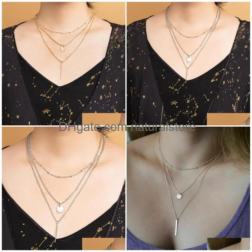 pendant necklaces 3 layers silver coin rectangular bar choker necklace women clavicle girls chain chocker jewelry gift