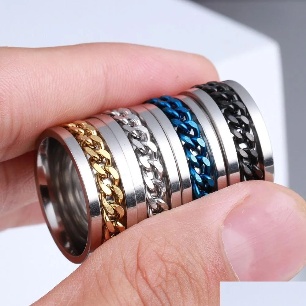 wholesale 40pcs spin chain stainless steel rings silver black gold blue mix men fashion wedding band party gifts jewelry