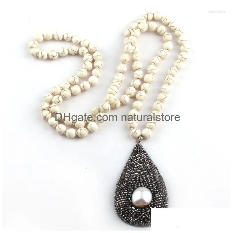 pendant necklaces fashion 8mm beige stone long knotted handmade crystal paved pearl shell drop women ethnic necklace