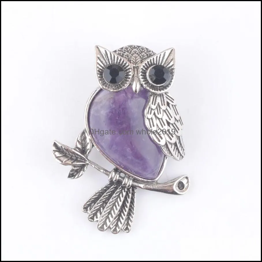 vintage copper plated owl cute pendant animal shape charm natural gemstone tigers eye amethyst jade lapis opal crystal for jewelry making necklace