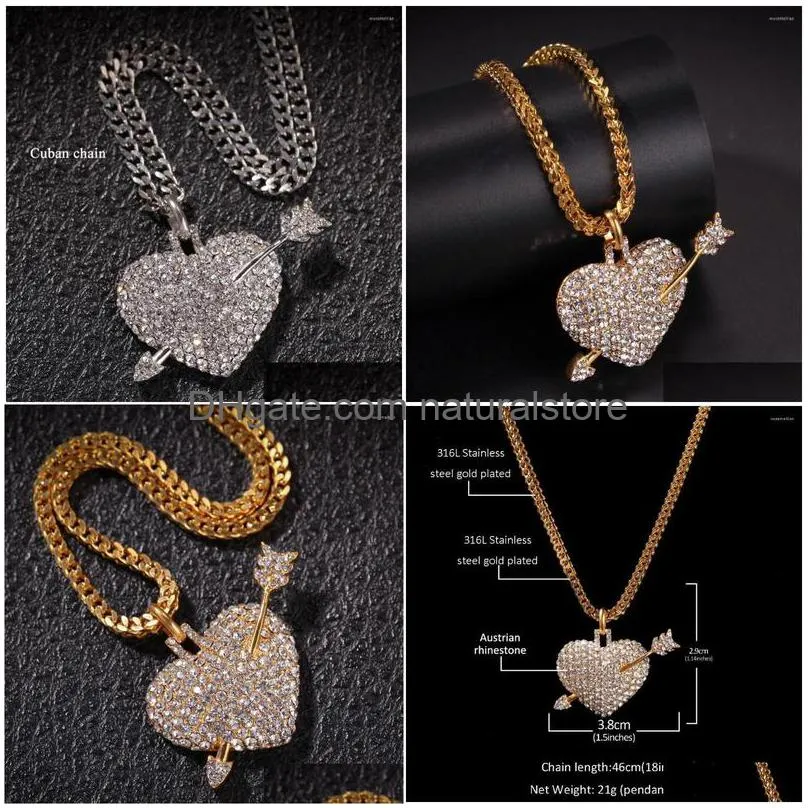 pendant necklaces hip hop full rhinestones bling iced out gold silver color stainless steel heart shape pendants necklace for women