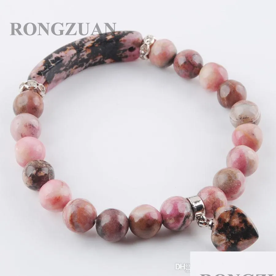 stretch bracelets natural gemstone rhodochrosite round beads strand bangles heart shape pendant for women jewelry love gift dk3314