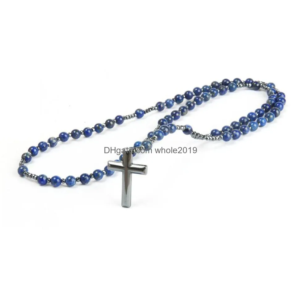  fashion 6mm natural stone necklace wholesale 6pcs/lot hematite cross necklace men pendant jewelry