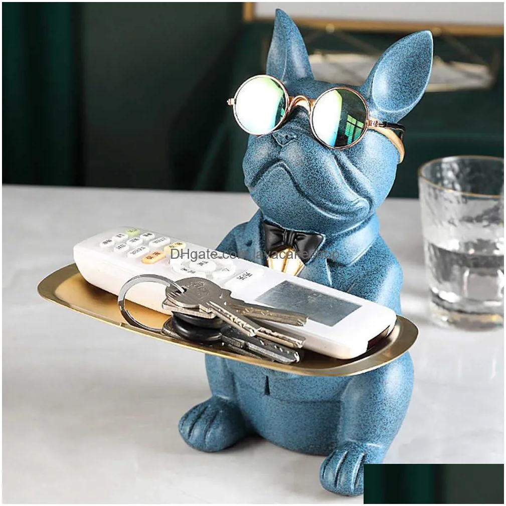 resin cool dog sculpture bulldog decorative figurine storage tray coin bank entrance key snack holder modern art statue 210727