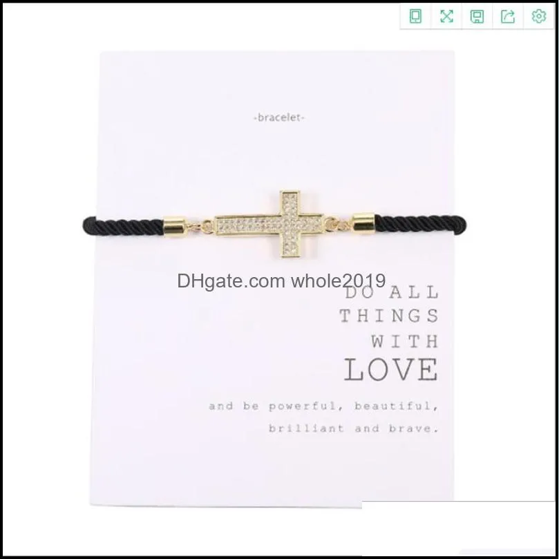 zircon cross charm bracelets adjustable braided string micro inlay bangle jewelry gift for women men with wish card