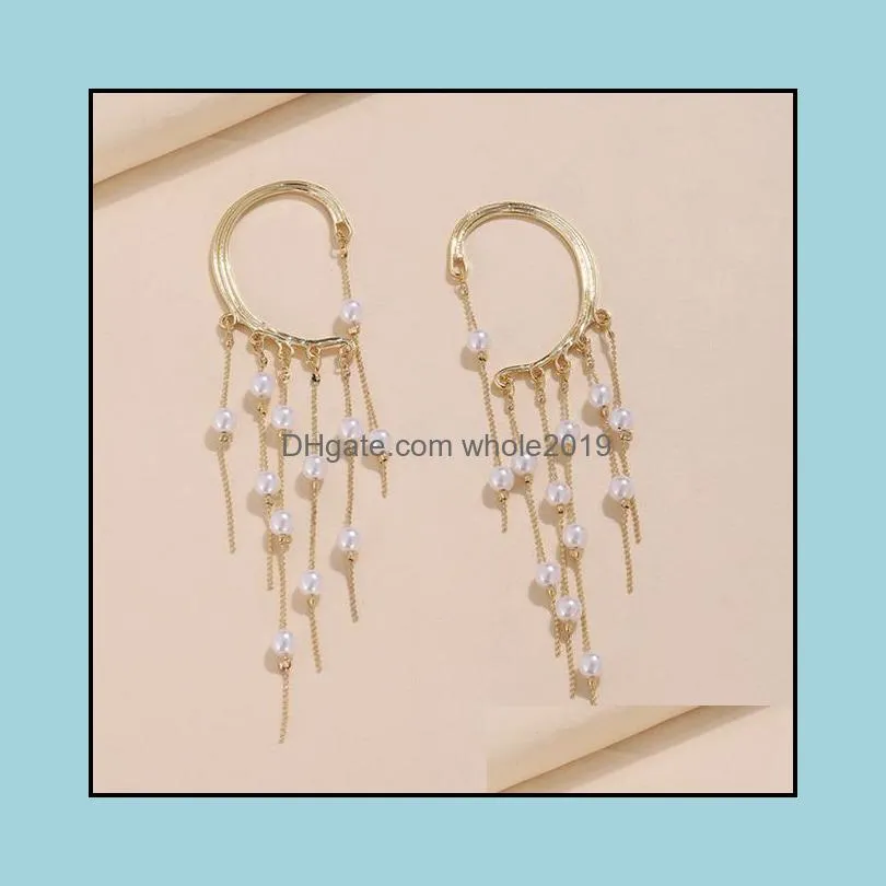 clipon screw back golden color pearl tassel drop earrings for women long cuff earring ear clips bohemia style jewelrys decoration