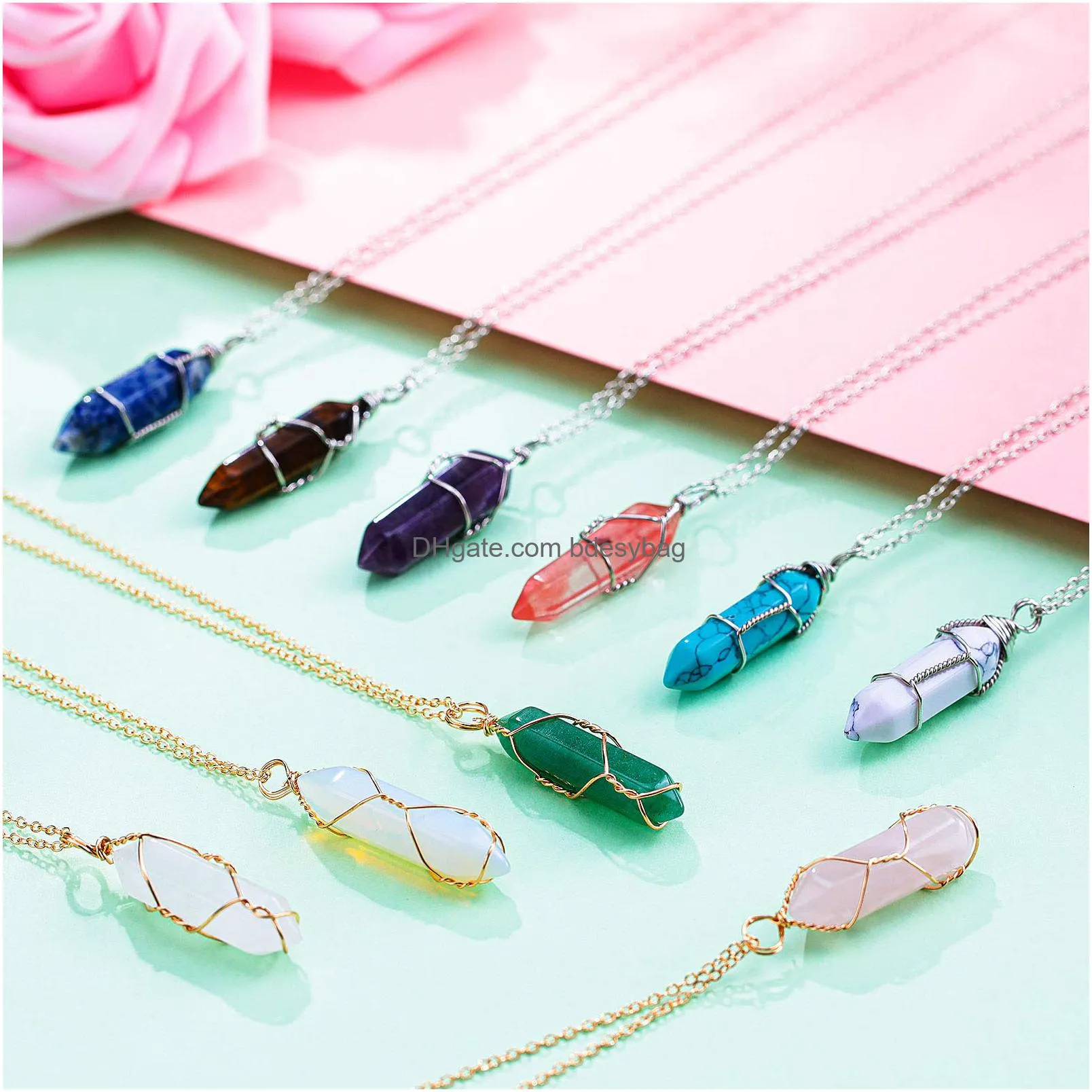 hexagonal crystal pendant necklace natural quartz stone pendant necklace healing crystal full wire wrap gemstone necklace for women girls elegant colors