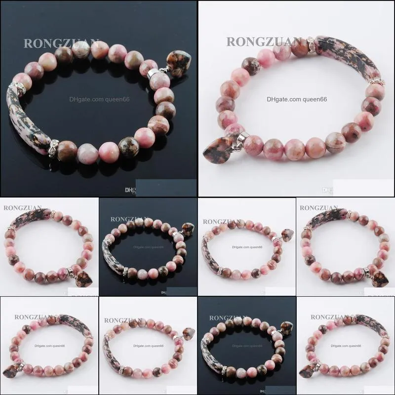 stretch bracelets natural gemstone rhodochrosite round beads strand bangles heart shape pendant for women jewelry love gift dk3314
