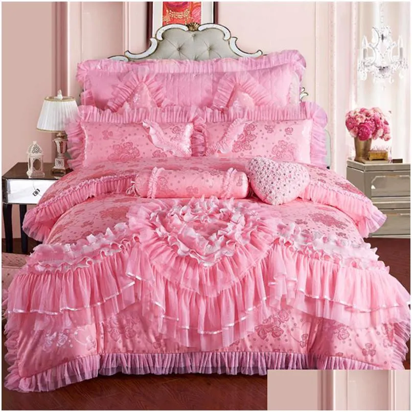 pink lace princess wedding luxury bedding set king queen size silk cotton stain bed set duvet cover bedspread pillowcase t200326