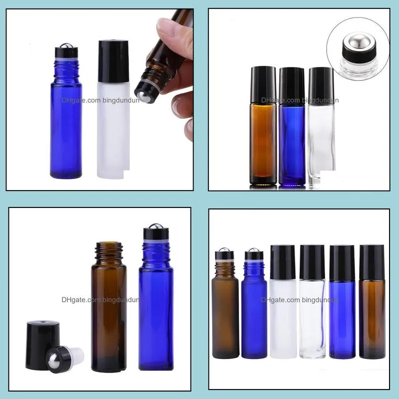 10ml amber/blue/clear glass roll on bottle essential oil vials with metal ball roller aromatherapy perfumes package container sn3413