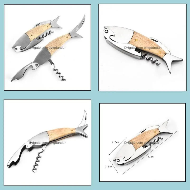 20pcs professional stainless steel wooden fish bones wine opener bottle corkscrew opener premium corkscrew for wine sn3139