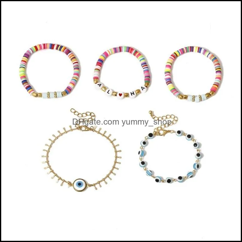 5pcs/set blue evil eye charm bracelets for women rainbow letter beads bracelet set fashion jewelry1 798 q2