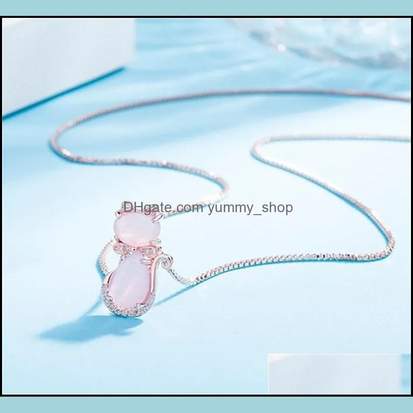 moonrocy rose gold color cz crystal ross quartz pink opal necklace earrings and ring jewelry set for cute cat jewelry women 469c3