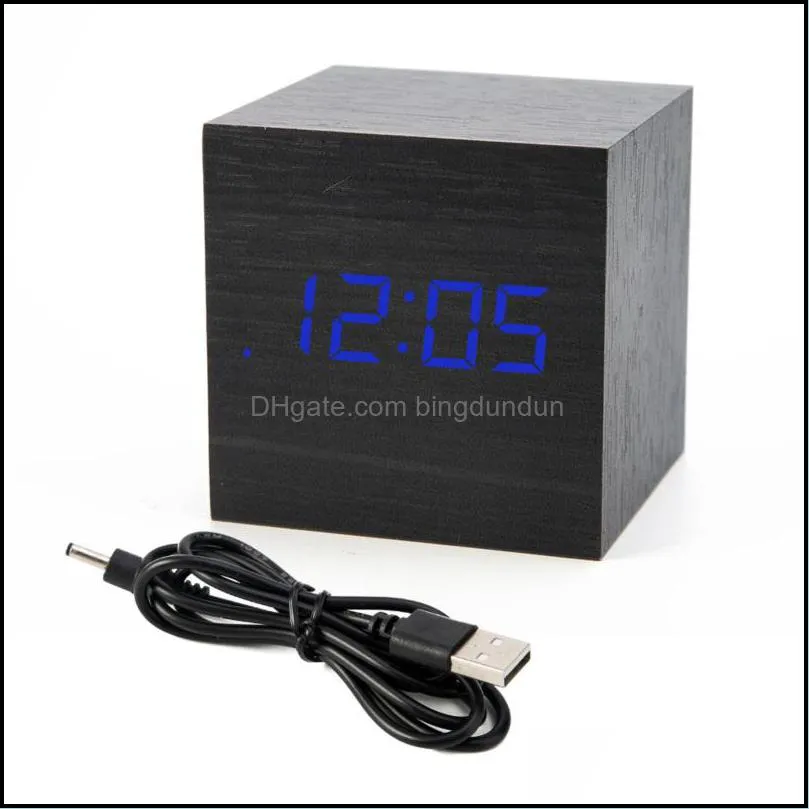 mini digital wooden led alarm clock wood retro glow clocks desktop table decor voice control snooze function desk calender