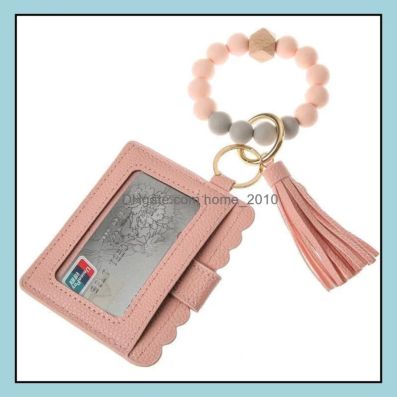  fashion pu leather bracelet wallet keychain party favor tassels bangle key ring holder card bag silicone beaded wristlet rrf12311