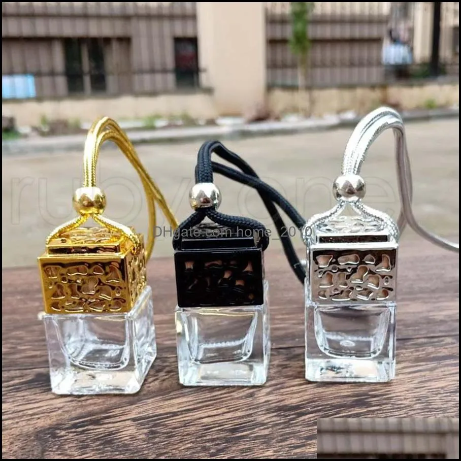 cube hollow car perfume bottle rearview ornament hanging air freshener essential oils diffuser fragrance empty glass bottle pendant