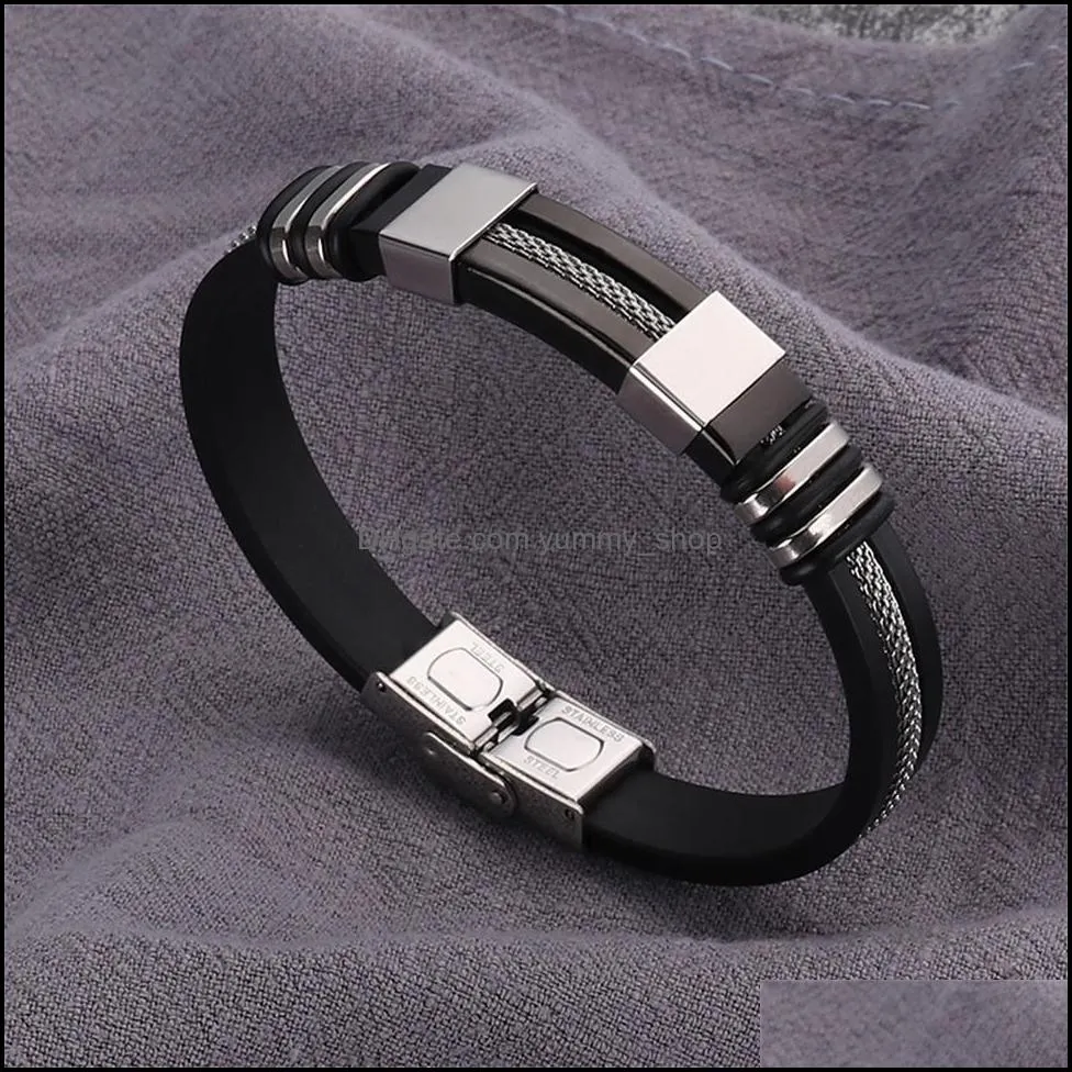 pretty stainless steel bracelet chic wristband punk style design simple rubber charm pulsera hombre men bracelet