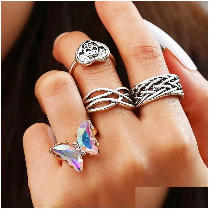 fashion jewelry knuckle ring set silver crystal rhinestone butterfly skull heart hollowed geometric stacking rings midi rings sets