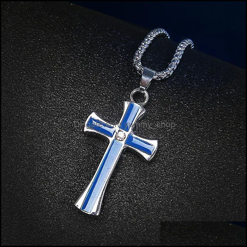 bible cross pendant men silver chain stainless steel trendy pray charm blue necklaces pendants jewelry