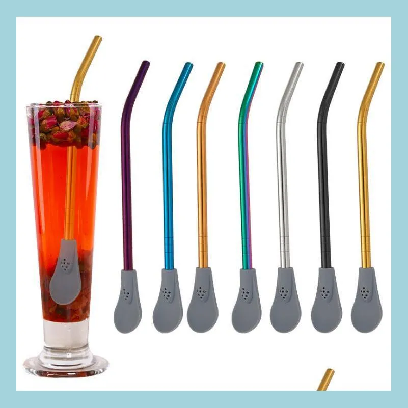 304 stainless steel silicone straws spoons tea filter drinking straw spoon creative coffee mixing bar kitchen tool 7 colors