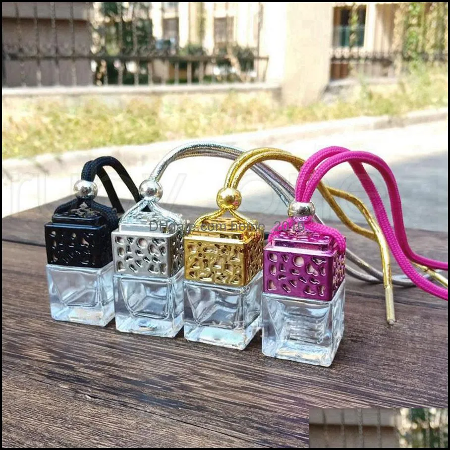 cube hollow car perfume bottle rearview ornament hanging air freshener essential oils diffuser fragrance empty glass bottle pendant