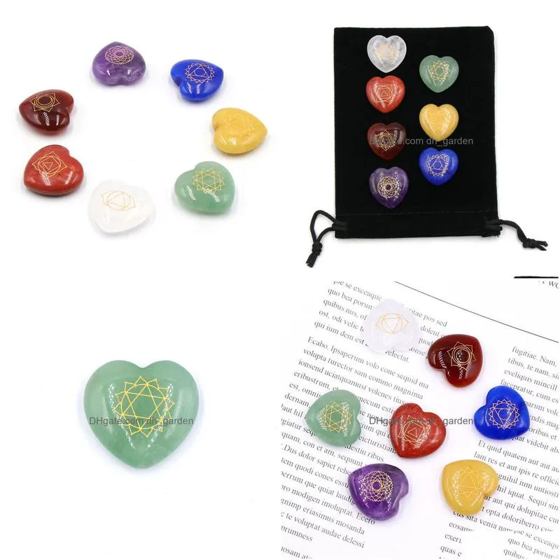 22mm heart love symbol chakra set reiki natural stone crystal stones polishing rock quartz yoga energy bead chakra healing decoration