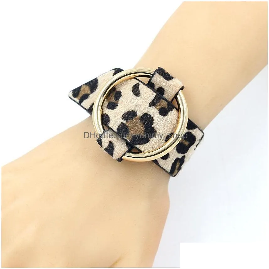 fashion jewelry circle leopard horsehair pu leather bracelet adjustable wide bracelet