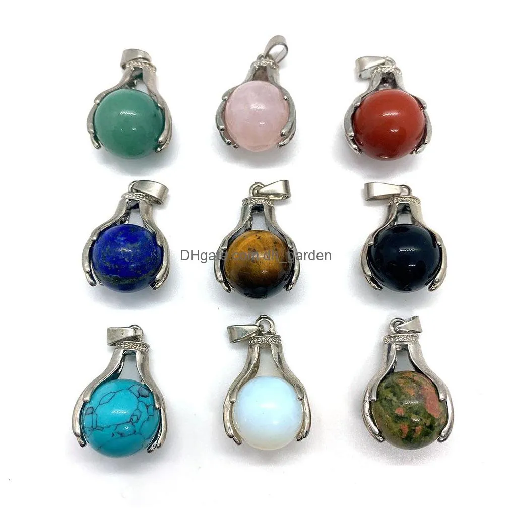 hand hold natural crystal stones charms round tiger eye black onyx rose quartz stone ball charm beads pendants for jewelry making