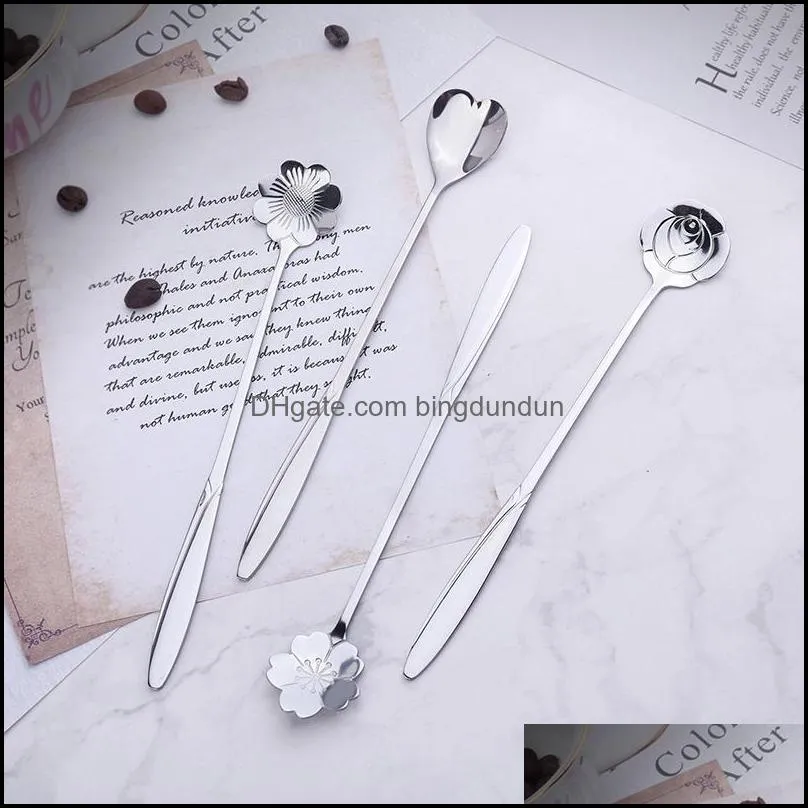 tea coffee scoops gold spoon long handle dessert stainless steel vintage teaspoons drink tableware flowers design