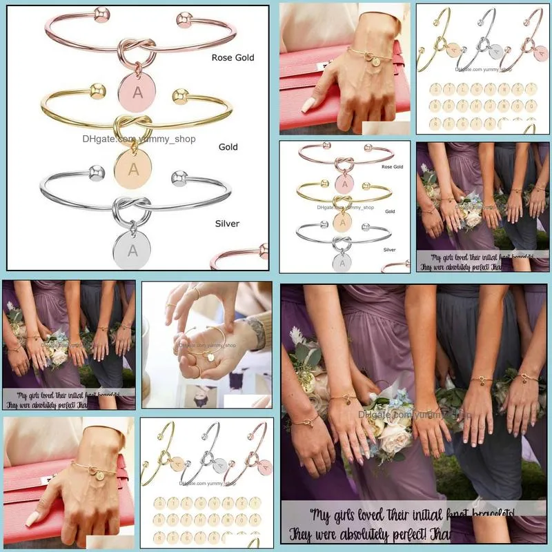 26 initial letter knot heart bracelet bangle girl fashion jewelry alloy round pendant bracelets for women bridesmaid gift