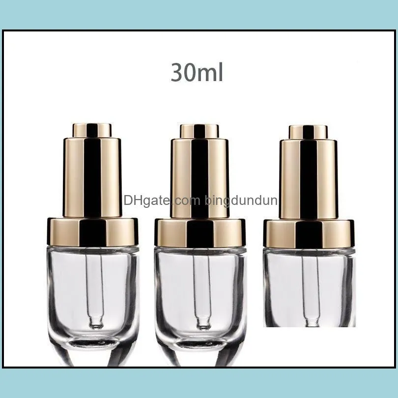 30ml cosmetic essential oil perfume glass dropper bottle 30 ml with golden press pump lid cap sn3927