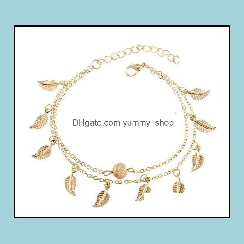 women gold silver leaf charm anklets double chain bracelet fashion 18k gold ankle bracelets foot jewelry