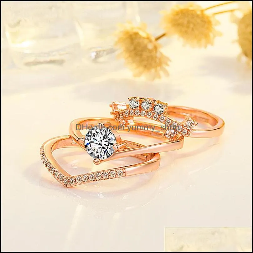 fashion and exquisite opening rose gold plated crown set ring inlaid zircon threepiece set ring double crown rings party gift jewelry