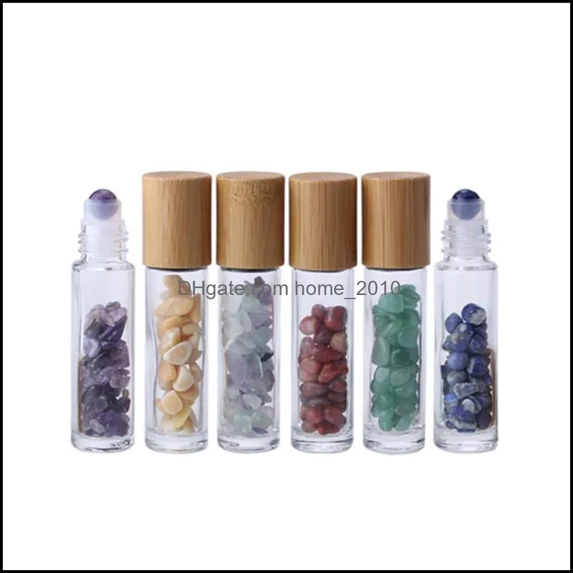 10ml  oil diffuser clear glass roll on perfume bottles with crushed natural crystals quartz stone crystal roller ball bamboo