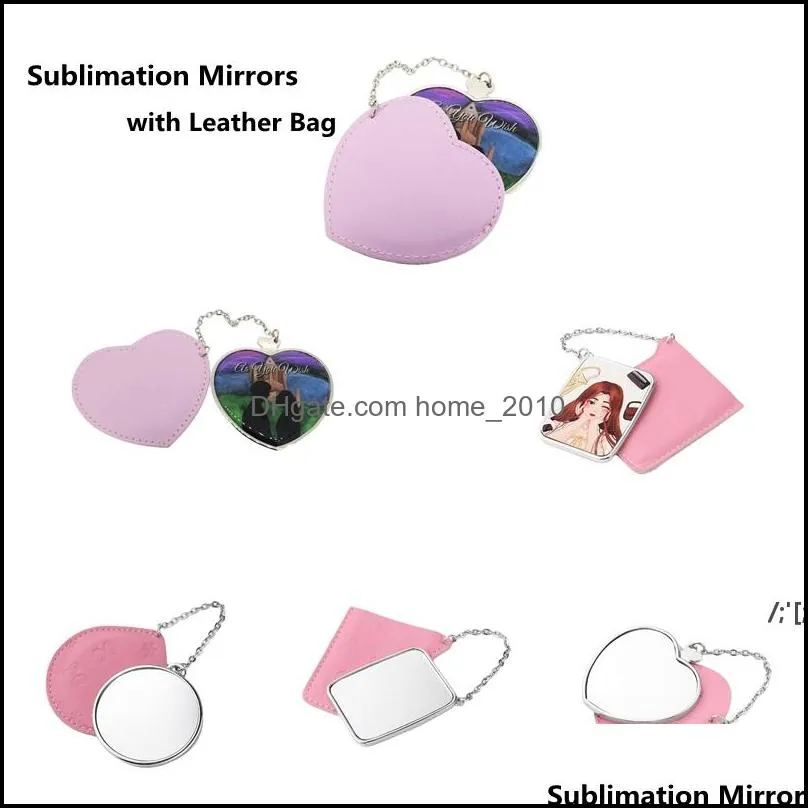 sublimation mirrors with leather bag portable round cosmetic mirror blank aluminum sheet girl small gift wedding business supply