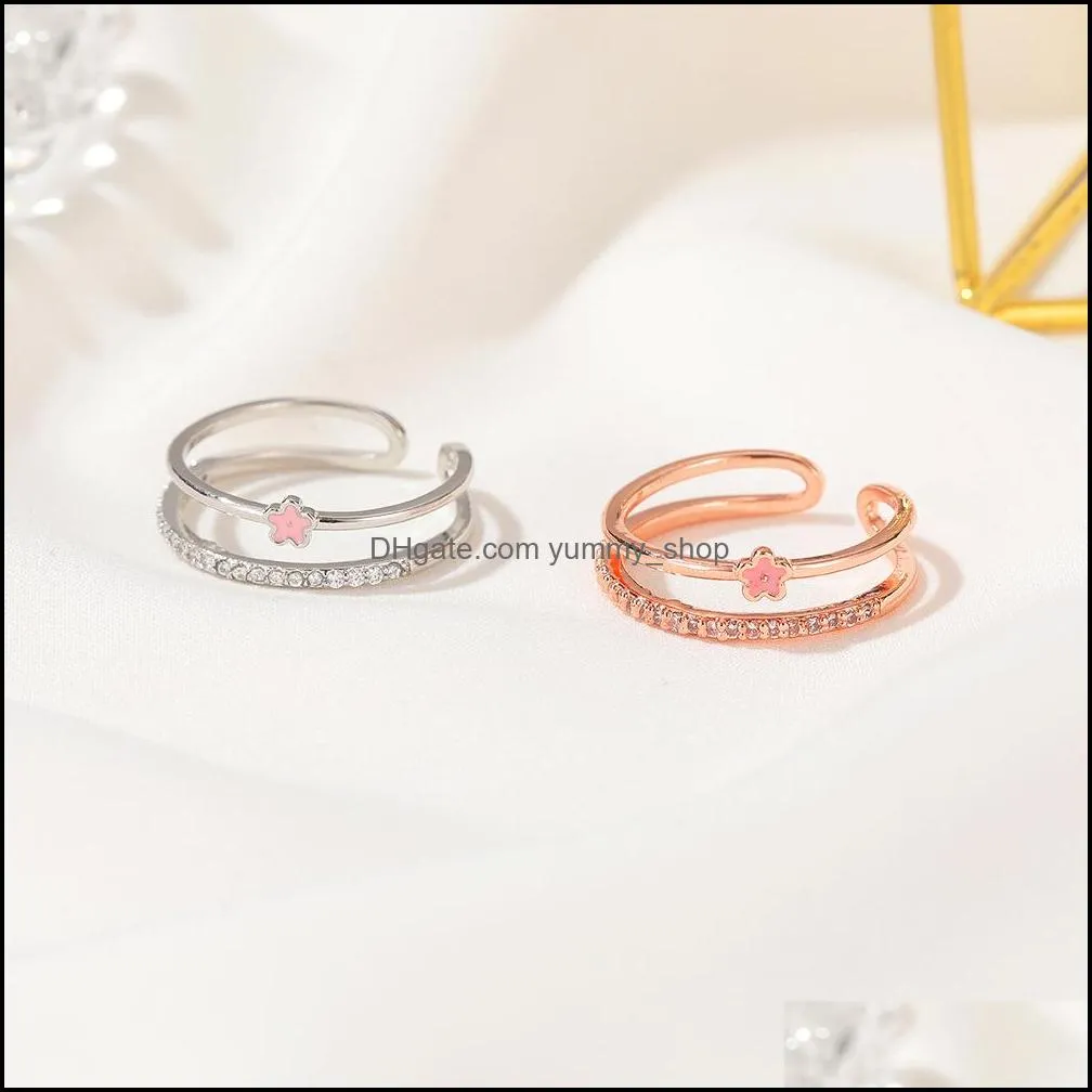 korean temperament doublering micro pave lovely flower opening index finger ring niche network design sense red flower ring rose