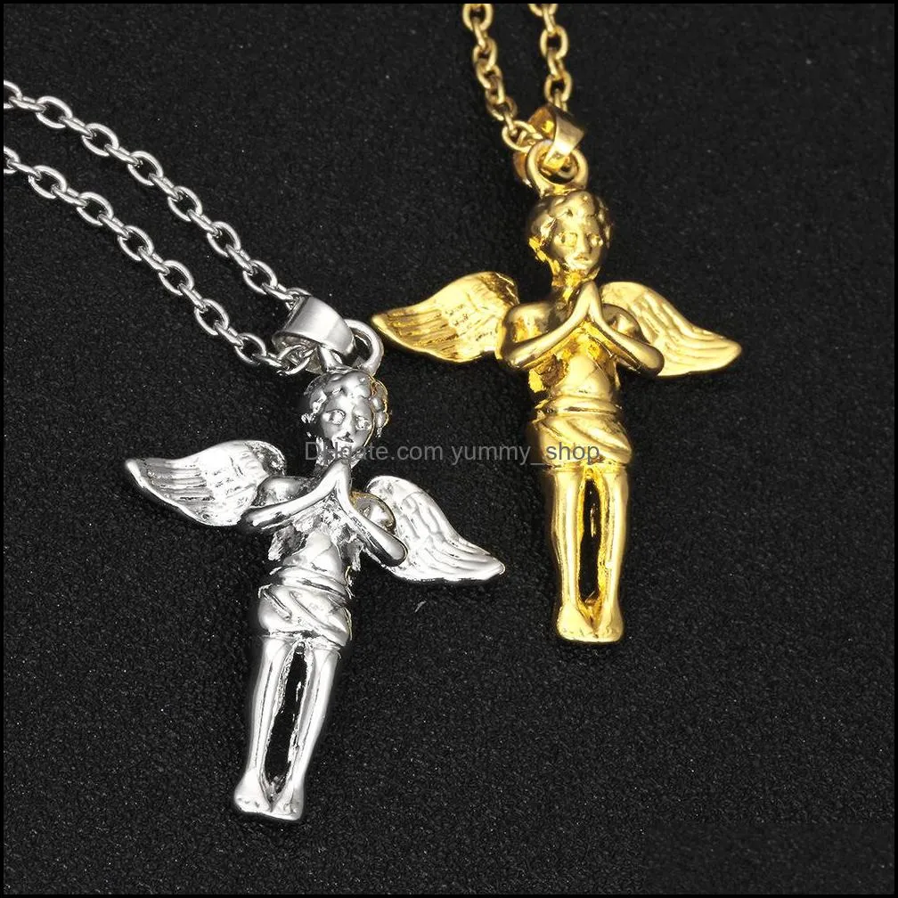 angel pendants necklaces pure silver/gold color chain hip hop jewelry for men necklace