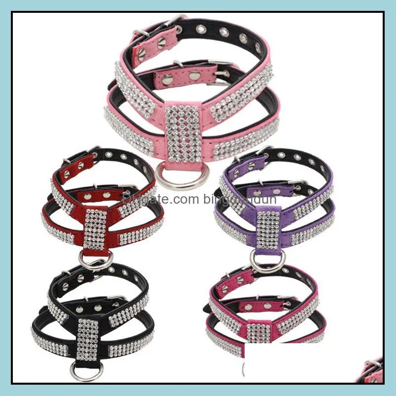 adjustable pet collars leashes set chest strap with buckle rhinestone soft suede cat harness leather collar