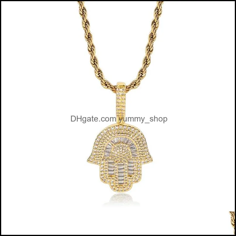 gold color hip hop iced out bling men boy jewelry hiphop rock punk ice baguette cz hamsa hand fatimas hand pendant necklace 733 q2