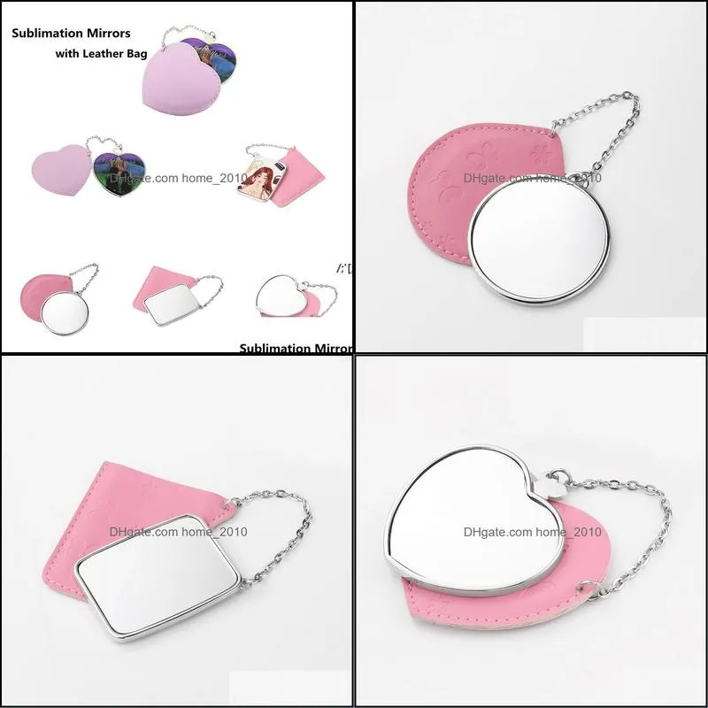 sublimation mirrors with leather bag portable round cosmetic mirror blank aluminum sheet girl small gift wedding business supply