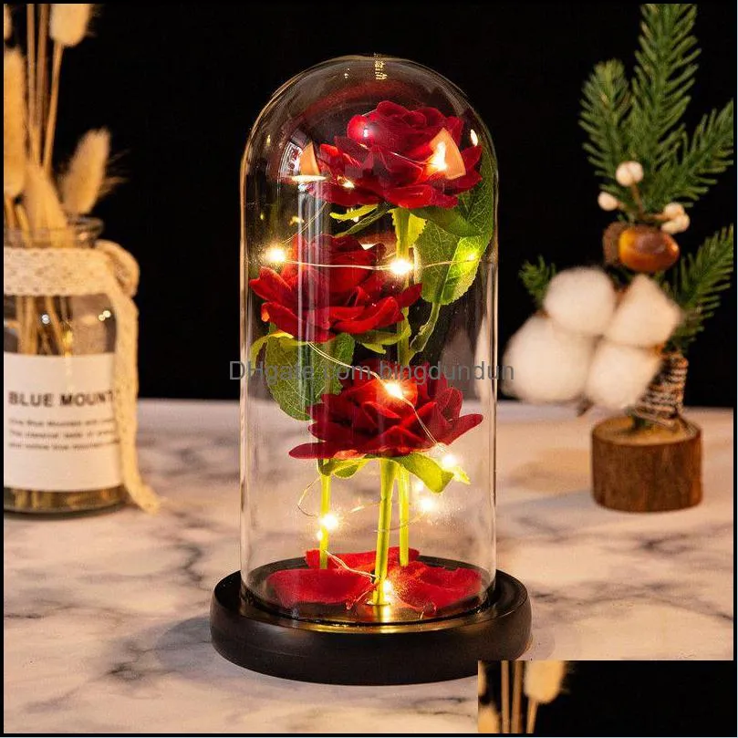 artificial eternal cloth decorative flowers rose led light beauty the beast in glass cover home decor for year valentines christmas mothers day