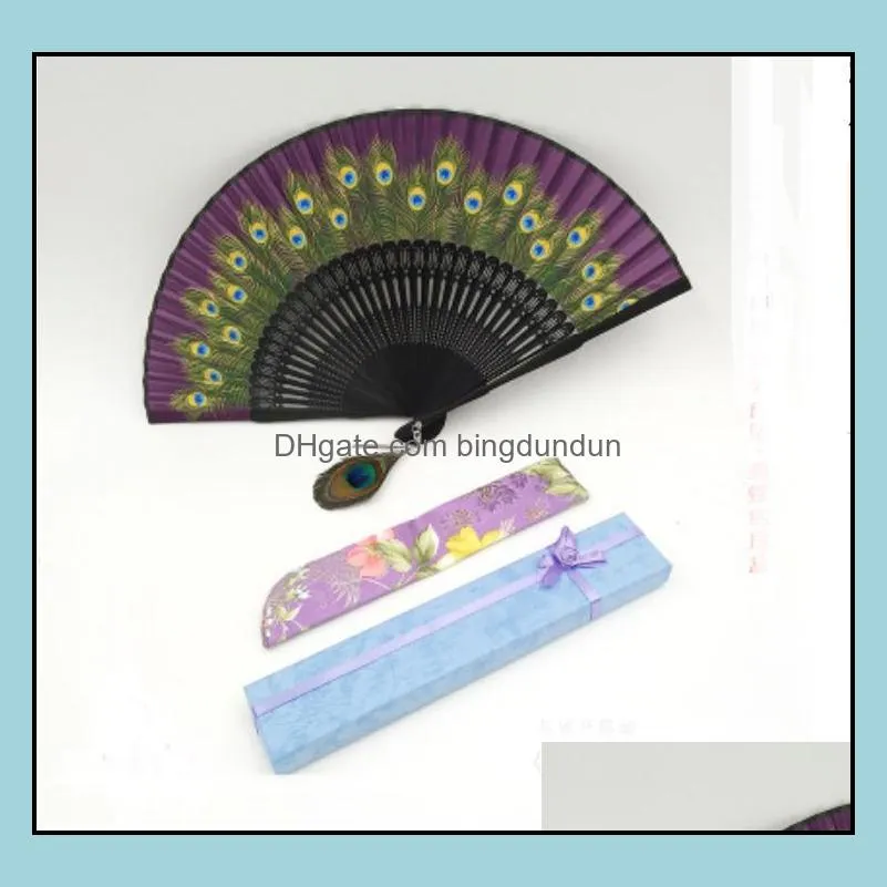 50set/lot vintage retro peacock folding fan hand bamboo silk dance fans home decoration gifts for friend sn913